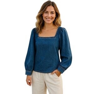 J. Crew Reimagined Small Denim Shirt Puff Sleeve Square Neck Chambray Casual